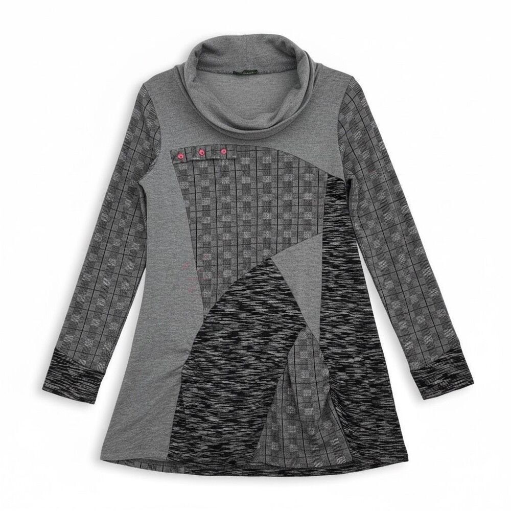 Dolcezza Artsy Tunic Geometric Printed Size Small Gray Buttons Long Sleeve